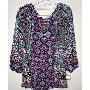 Valerie Stevens Purple Plum Geometric Long Sleeve Blouse Shirt Size XL